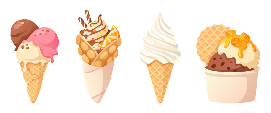 Set of various gourmet ice cream desserts with waffles. Collection of bubble waffles, cones and bowls with chocolate and fruit flavors. Flat vector illustration on white.