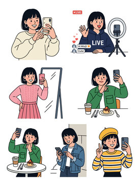 Young woman using smartphone for social media activities and daily lifestyle content creation in various settings