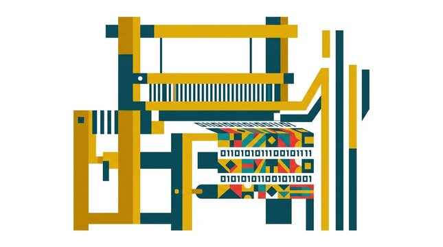 Abstract flat vector illustration of a mechanical loom weaving geometric patterns and binary code representing data fabric and computer programming