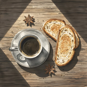 Top down illustration of black coffee and toasted bread on a wooden table