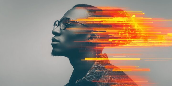 Man with glasses in profile, head dissolving into abstract orange light streaks