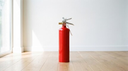 Obraz premium A red fire extinguisher stands upright on a wooden floor against a plain white wall, illuminated by natural light from a nearby window.