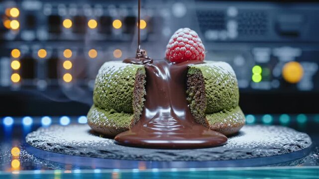 Pouring Hot Chocolate Fudge on Steaming Matcha Lava Cake inside Technology Server Room
