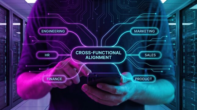 A person uses a smartphone with a digital overlay illustrating cross-functional alignment connecting departments like engineering, HR, finance, marketing, sales, and product.