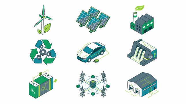 Isometric illustrations of renewable energy sources and sustainable technologies.