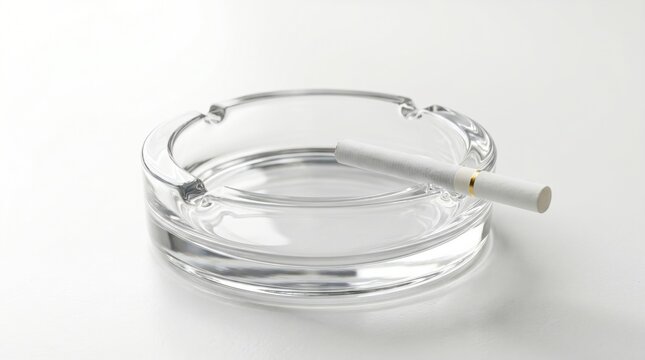 A transparent glass ashtray with a single unlit cigarette resting on its edge, set against a plain white background.