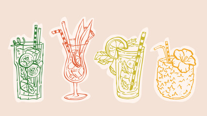 Tropical drinks collection in sketch style. Vector set of vintage cocktail illustrations with ice, lemon slices and hibiscus flower decor, hand drawn alcohol beverages with straws for bar menu design © klyaksun