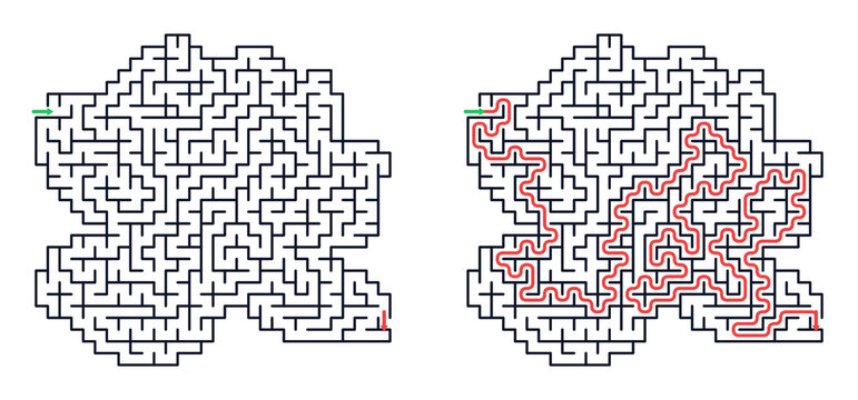 Complex labyrinth maze with solution path isolated on transparent background PNG educational logic puzzle game with entry and exit route for kids learning problem solving and brain training