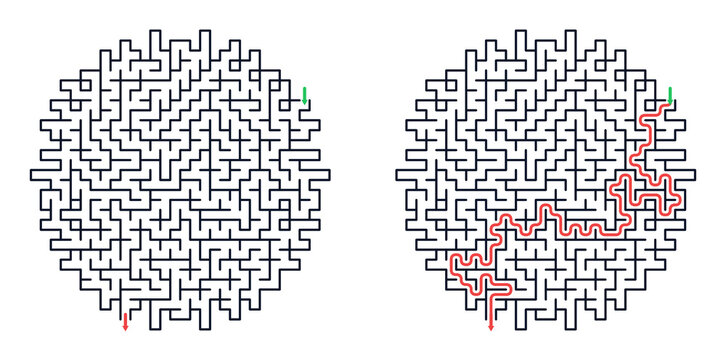 Complex labyrinth maze with solution path isolated on transparent background PNG educational logic puzzle game with entry and exit route for kids learning problem solving and brain training