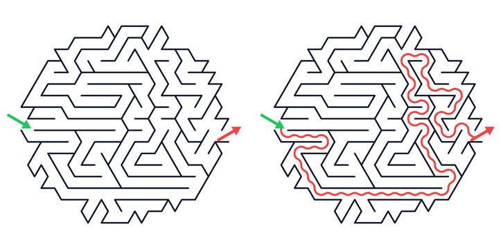 Complex labyrinth maze with solution path isolated on transparent background PNG educational logic puzzle game with entry and exit route for kids learning problem solving and brain training