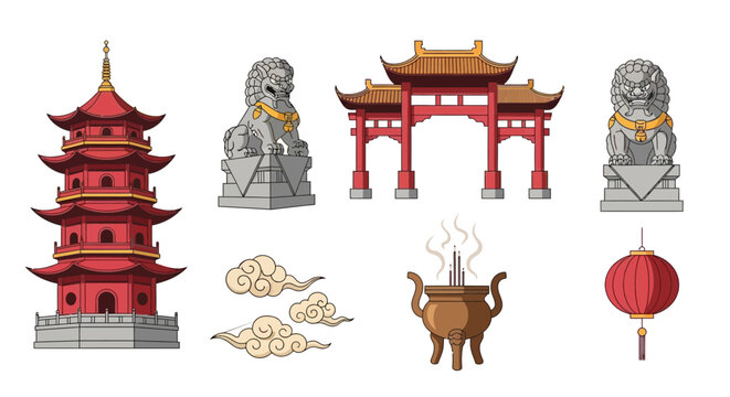 Traditional Chinese Cultural Elements Collection - Pagoda, Foo Dogs, Archway, Incense Burner, Clouds, and Lantern.