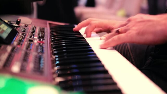 Close up of musician playing professional keyboard synthesizer during live concert performance with changing colorful stage lights.