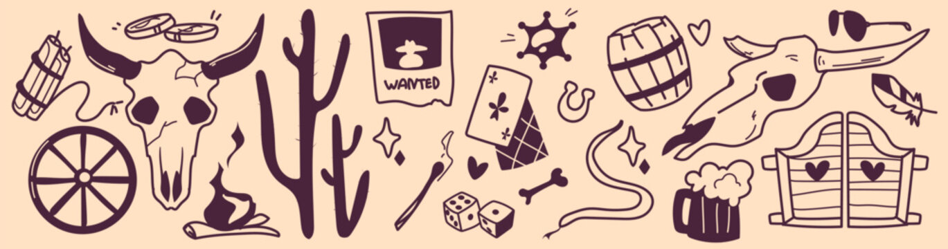 Doodle set of western cowboy elements. Vector set of vintage saloon entrance, sheriff star and wanted poster, playing cards and dice, money icons, cactus outline, hand drawn sketch country design