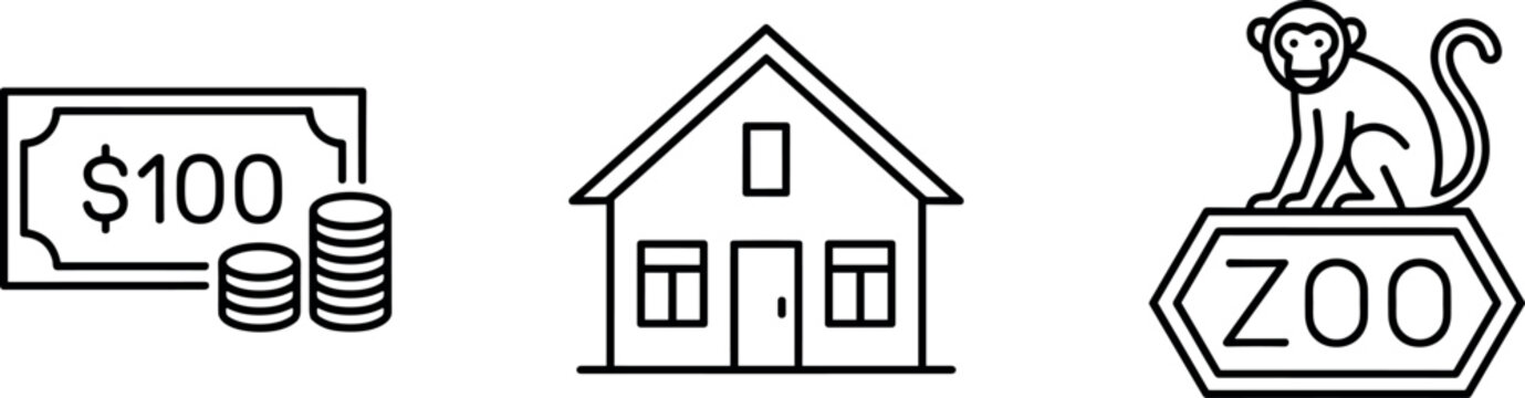 Set of Black and White Vector Icons Featuring Money, Coins, House, Real Estate, Zoo Sign with Monkey, and Finance and Animal Symbols