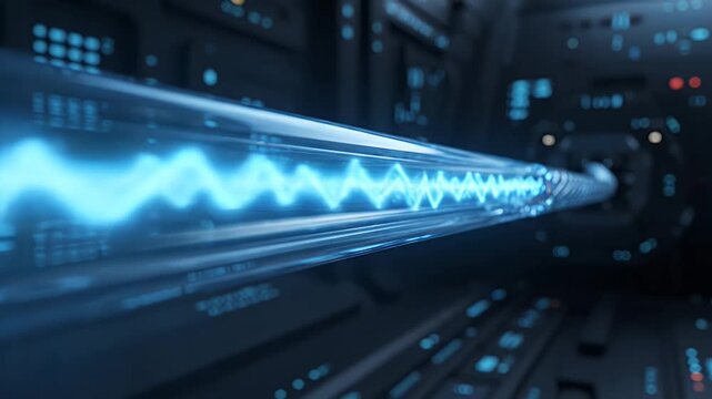 Fascinating view of a glowing blue energy beam traveling through a futuristic tube with digital data stream visible