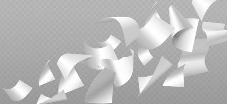 Flying paper sheets isolated on transparent background. Vector realistic illustration of white document or notebook papers swirl in air, letters fall and curl in wind, office work flow, paperwork mess