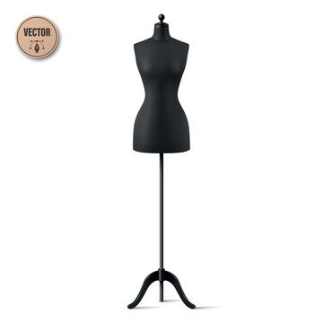 Vector 3d Black Tailor Mannequin. Dress Form on Stand Isolated. Realistic Sewing Dummy for Fashion Design, Atelier, Boutique and Clothing Display