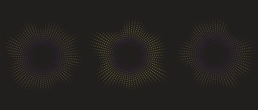 Sound equalizer icons with lines, dots and black background. abstract radial music icons