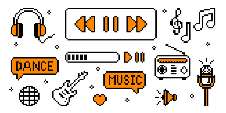 Pixel art music icons set isolated on white background. Vector set of 8-bit computer symbols for radio or media player software ui, retro 90s headphones, guitar, notes, heart and sound bar designs