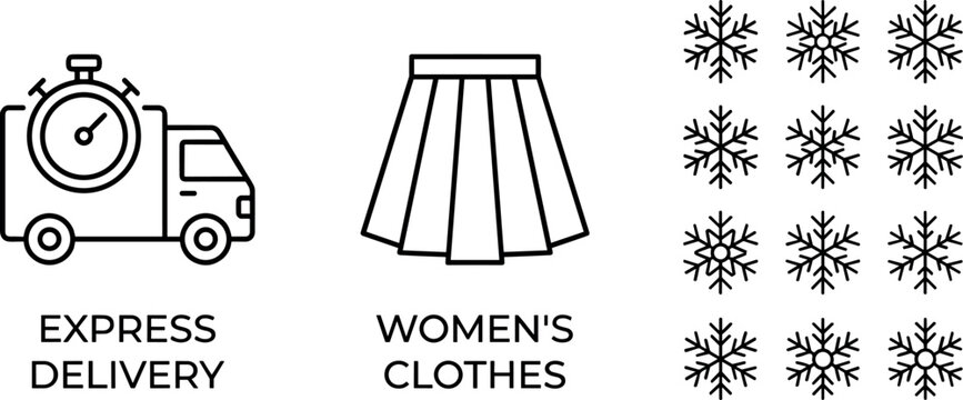 Minimal outline icon set featuring express delivery truck, women clothing skirt symbol, and decorative snowflake pattern collection