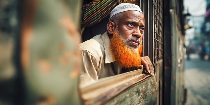 Elderly Bangladeshi man with vibrant orange beard looking out a train window