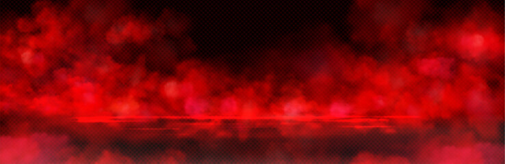 Fototapeta premium Red smoke cloud overlay with realistic texture. Vector illustration of fog swirls glowing, spooky Halloween effect, burning fire mist, mma sports floor design, mysterious smoky hell atmosphere