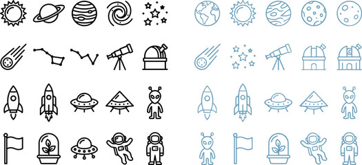 Space exploration and astronomy line icon set featuring planets, rockets, astronauts, telescopes, UFOs, and galaxy themed vector symbols © EdGe Creative