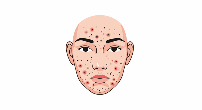 Cartoon face with numerous red and black blemishes on a white background
