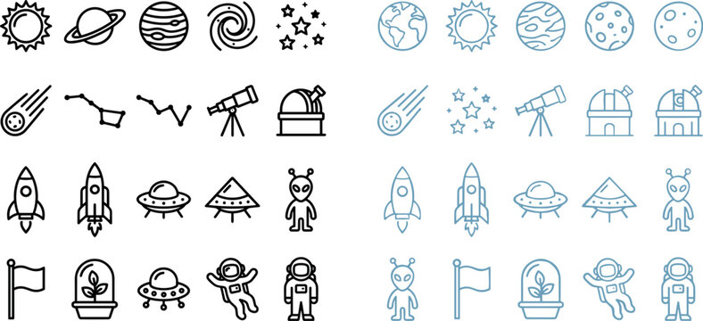 Space exploration and astronomy line icon set featuring planets, rockets, astronauts, telescopes, UFOs, and galaxy themed vector symbols