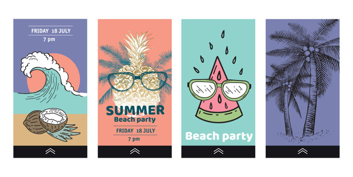 Editable Stories template. Hello Summer, palm tree, watermelon, pineapple. Hand drawn illustration.	

