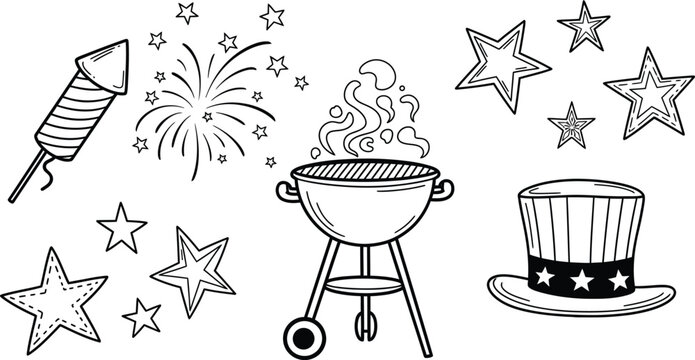 Fourth of july celebration doodle set silhouette featuring fireworks grill and uncle sam hat isolated on transparent background