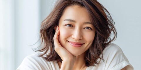 Naklejka premium Portrait of a smiling asian woman in soft light