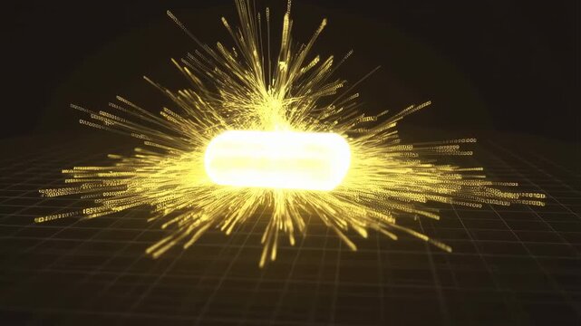 Abstract technology animation of a glowing data core exploding with binary sparks