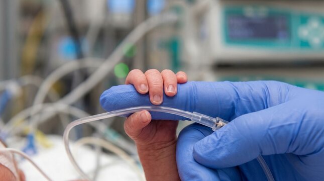 Premature newborn baby holding gloved finger in neonatal intensive care unit.