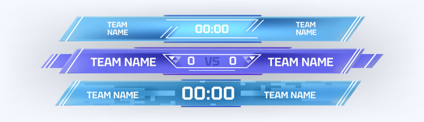 Obraz premium Sports match scoreboard templates set isolated on background. Vector realistic illustration of blue digital display panels for soccer, basketball games, team statistics and timer for broadcasting