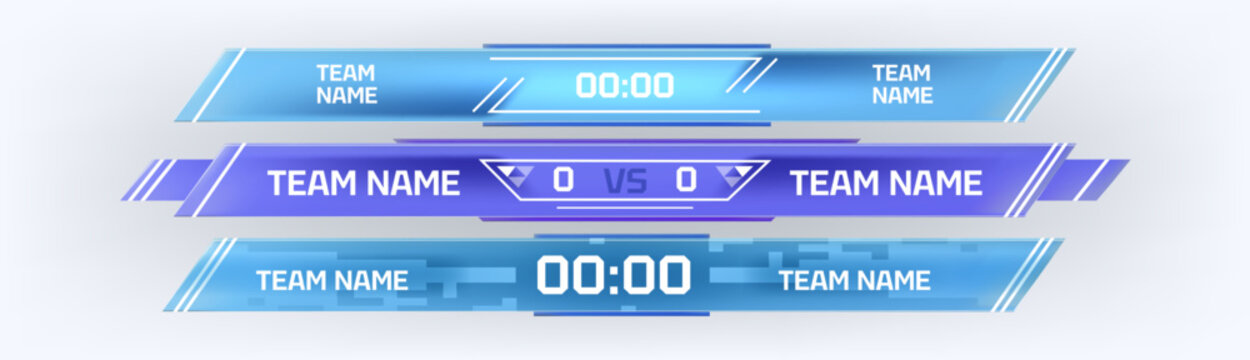 Sports match scoreboard templates set isolated on background. Vector realistic illustration of blue digital display panels for soccer, basketball games, team statistics and timer for broadcasting