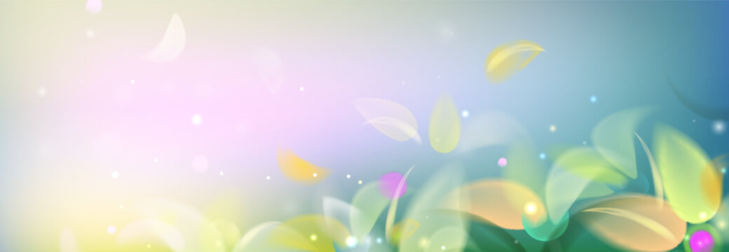 Soft gradient background with pastel spring flowers. Vector realistic illustration of blurry summer field with sunlight flare and grass, dreamy watercolor aesthetic, beautiful floral poster design