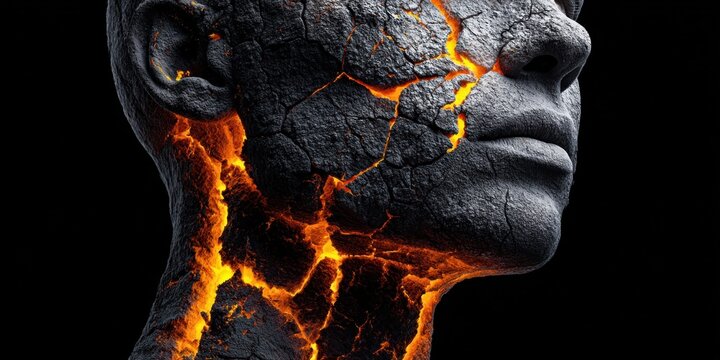 Cracked human head with glowing lava beneath the surface, symbolizing inner turmoil