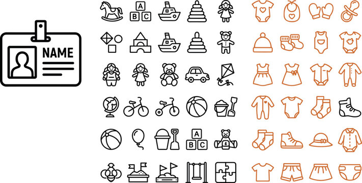 ID Card, Transportation, Animal, Clothing, and Sports Line Icon Set Vector Collection with Editable Outline Symbol Designs