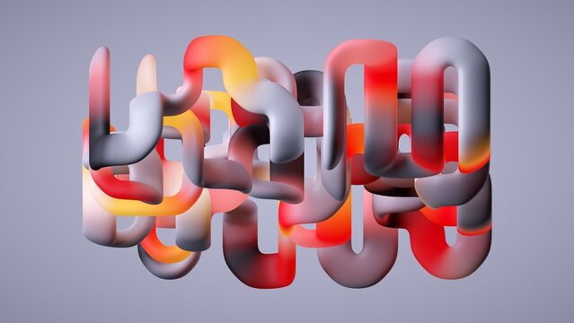 Abstract 3D letters in red, orange, and gray float against a soft purple background. 3d render illustration.