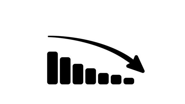 Animated falling bar chart with decreasing black arrow pointing down. Flat style business crisis and market crash concept on white