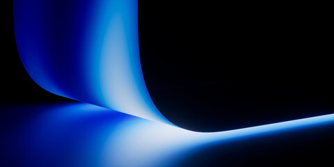 Two intersecting blue neon curves forming a luminous shape on pure black. Bold dramatic light intersection abstract background for technology and creative branding. © wacomka