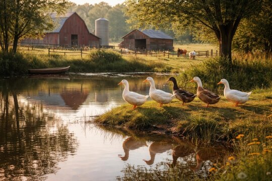 Patos paseando junto a un peque&ntilde;o estanque rural en una granja tradicional