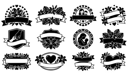 Bold black silhouette Mother's Day typography badge vector icon set with blank ribbon banners and bold flower shapes © Mdsahag