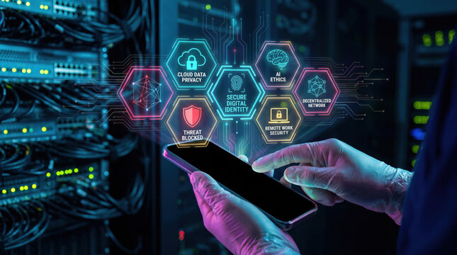 A person wearing gloves interacts with a smartphone in a server room, highlighting digital security concepts like cloud privacy, AI ethics, and network decentralization.