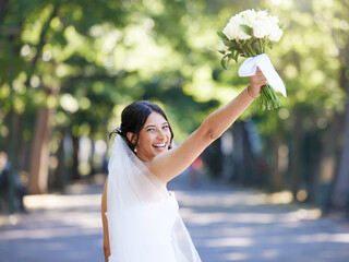 Fototapeta premium Happy woman, flowers and outdoor with portrait for wedding, celebration and relationship achievement. Bride, excited and bouquet at venue for commitment, matrimony event and special day in Costa Rica