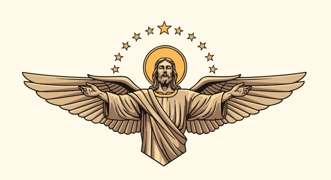 Angelic figure with outstretched wings, halo, and stars above
