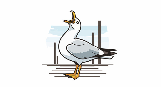 Cartoon seagull squawking with stylized dock pilings and clouds