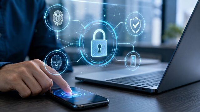 Multi factor authentication check hologram with biometric ring and lock