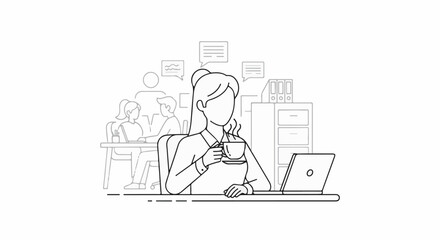 Fototapeta premium Businesswoman sips coffee at desk with laptop, coworkers in background
